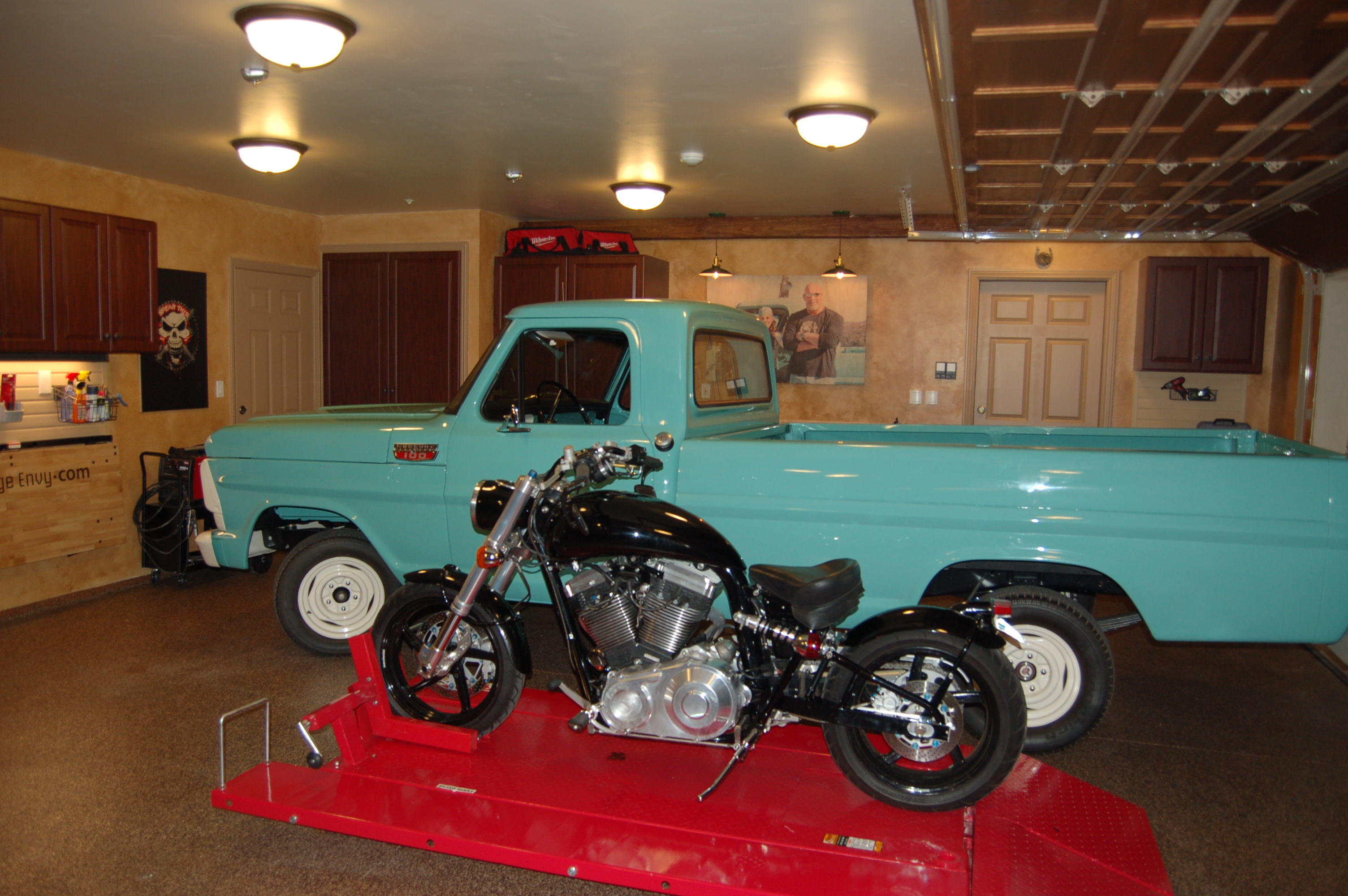 Bill Goldberg's garage setup, featuring the RML-600 Motorcycle Lift by Ranger