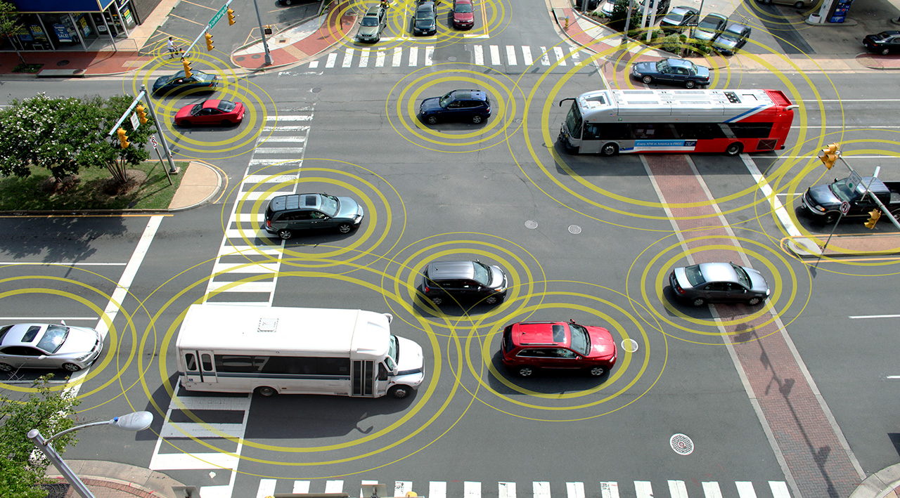 Vehicles with yellow circles indicating wi-fi V2V connectivity 